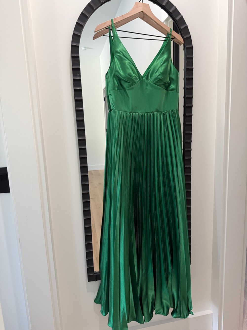 Emerald Green Satin Pleated Maxi Dress
